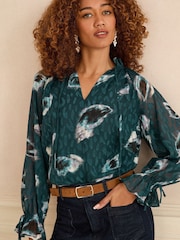 Love & Roses Teal Blue Animal Printed Shirred Notch Neck Long Sleeve Blouse - Image 3 of 5