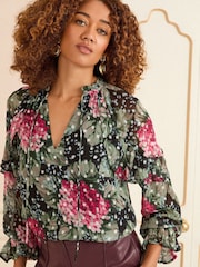 Love & Roses Black Floral Long Ruffle Sleeve V-Neck Blouse - Image 1 of 4