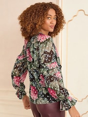 Love & Roses Black Floral Long Ruffle Sleeve V-Neck Blouse - Image 2 of 4