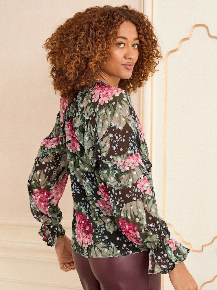 Love & Roses Black Floral Long Ruffle Sleeve V-Neck Blouse - Image 2 of 4