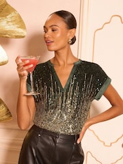 Green Gold Ombre - Love & Roses Sequin Short Roll Sleeve Top - Bild 1 von 4