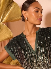 Green Gold Ombre - Love & Roses Sequin Short Roll Sleeve Top - Bild 3 von 4