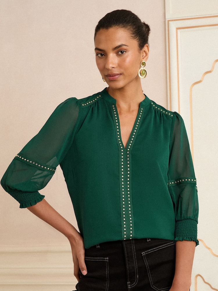 Love & Roses Forest Green V-Neck Hardware 3/4 Sleeve Blouse - Image 1 of 4 Love & Roses Forest Green V-Neck Hardware 3/4 Sleeve Blouse - Image 1 of 4