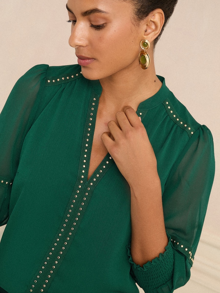 Love & Roses Forest Green V-Neck Hardware 3/4 Sleeve Blouse - Image 2 of 4 Love & Roses Forest Green V-Neck Hardware 3/4 Sleeve Blouse - Image 2 of 4