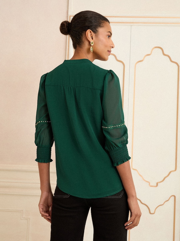 Love & Roses Forest Green V-Neck Hardware 3/4 Sleeve Blouse - Image 4 of 4 Love & Roses Forest Green V-Neck Hardware 3/4 Sleeve Blouse - Image 4 of 4