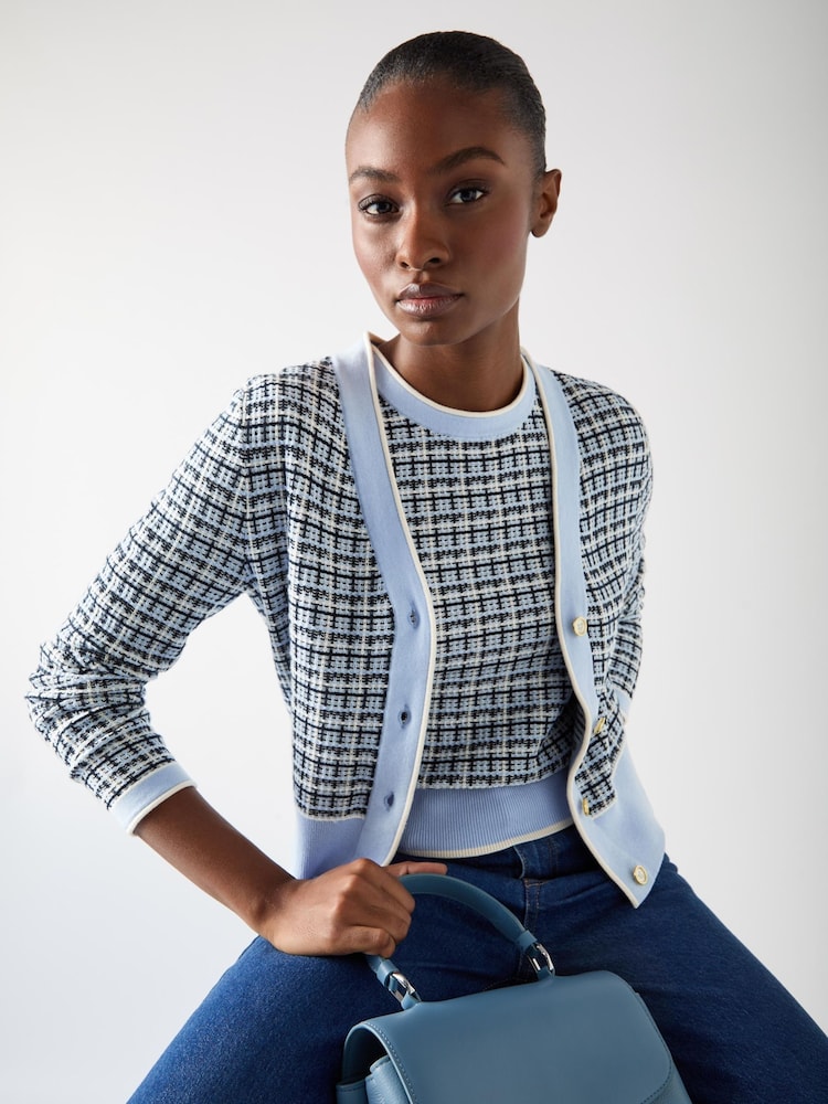 LK Bennett Blue & Navy Cotton Contrast Pattern Short Sleeve Knit Top - Image 1 of 4