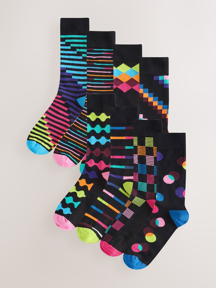 Black Bright Geo Pattern Socks 8 Pack - Image 1 of 12