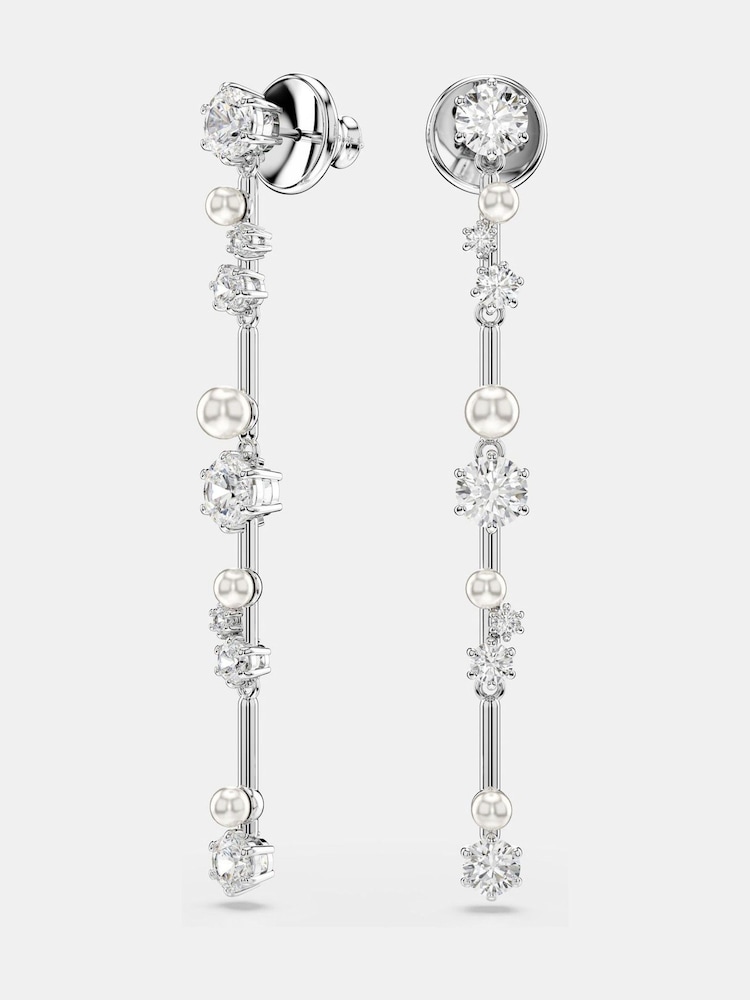 Swarovski Silver Tone Rhodium Plated Crystal Pearl Constella Drop Earrings - Image 4 of 6
