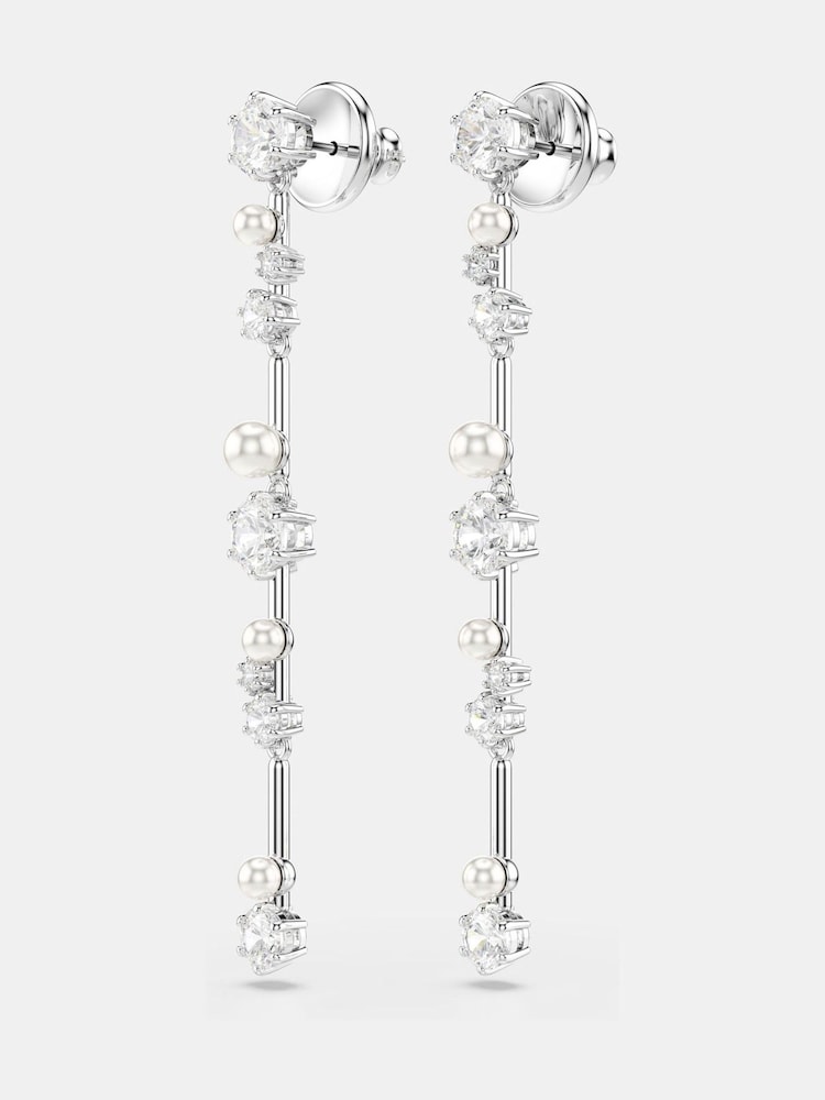 Swarovski Silver Tone Rhodium Plated Crystal Pearl Constella Drop Earrings - Image 5 of 6