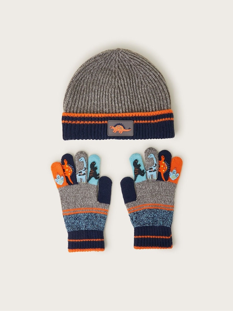 Monsoon Grey Dinosaur Stripe Winter Beanie Hat Set - Image 1 of 2 Monsoon Grey Dinosaur Stripe Winter Beanie Hat Set - Image 1 of 2
