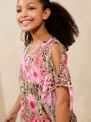 Lipsy Brown Leopard Floral Printed Kaftan (5-16yrs) - Image 4 of 5