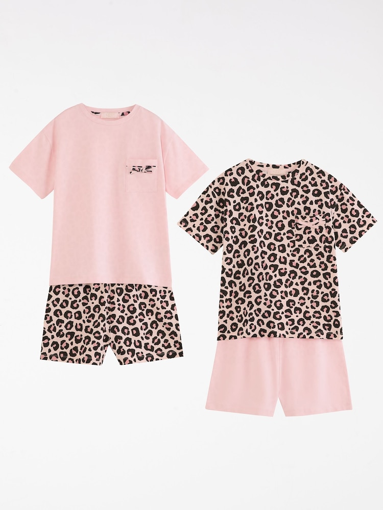 Lipsy Pink Leopard Printed Jersey Cotton Pyjamas 2 Pack (5-16yrs) - Image 1 of 4