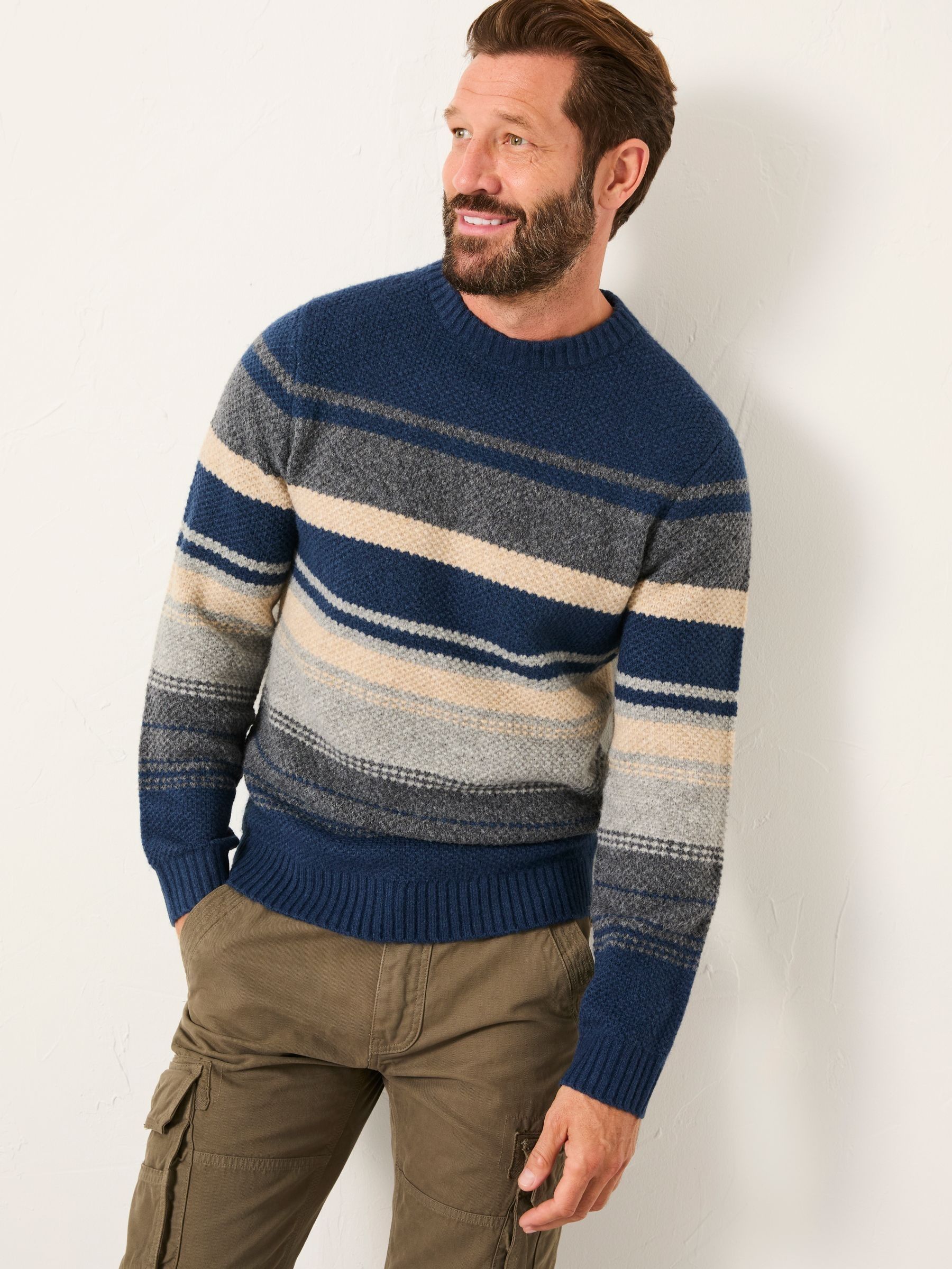 Fat Face Men's Navy Fatface Calder Stripe Crew Neck Knitted Jumper