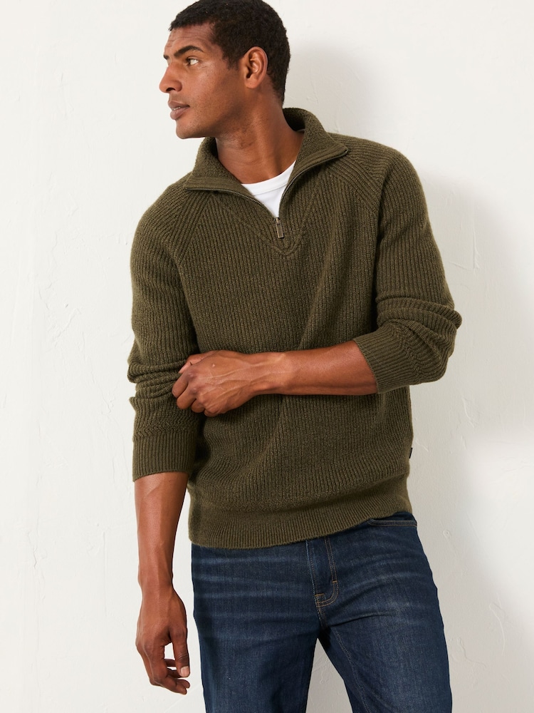 FatFace Harwick Khaki Green Half Neck Knitted Jumper - Image 1 of 5 FatFace Harwick Khaki Green Half Neck Knitted Jumper - Image 1 of 5