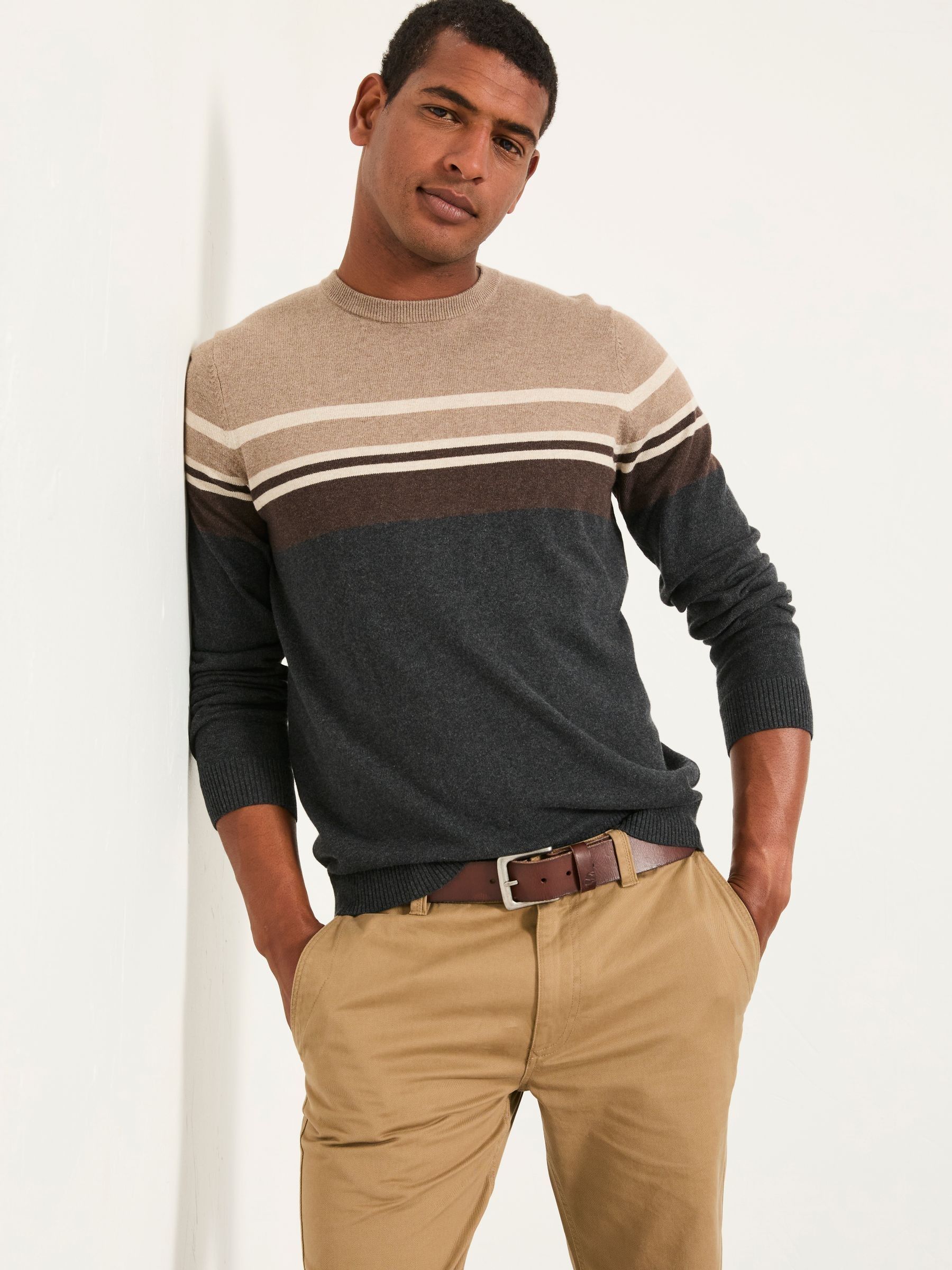 FatFace Rye Charcoal Grey Stripe Crew Neck Knitted Jumper - Cotton Cashmere Blend - Machine Washable