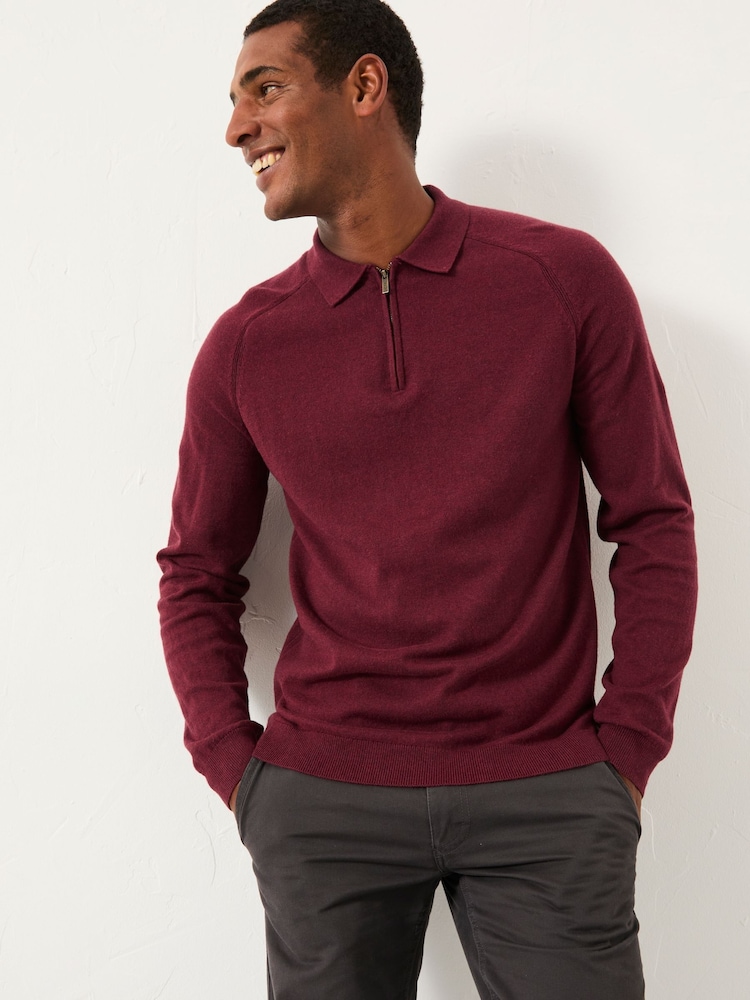 FatFace Rye Claret Zip Collar Knitted Polo Jumper - Image 1 of 5