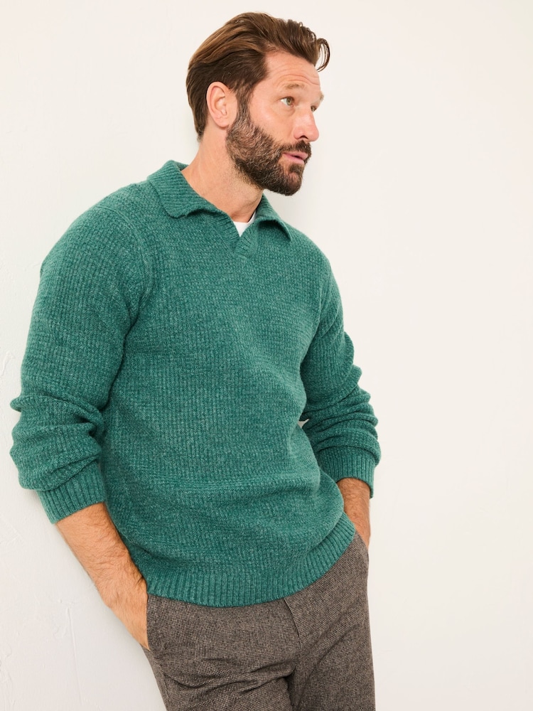 FatFace Calder Emerald Green Split Collar Knitted Jumper - Image 2 of 6 FatFace Calder Emerald Green Split Collar Knitted Jumper - Image 2 of 6