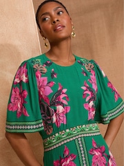 Love & Roses Green Floral Printed Crew Neck Midi Dress - Image 2 of 4