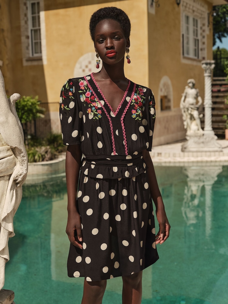 Love & Roses Black Spot Embroidered V-Neck Peplum Mini Dress - Image 1 of 4