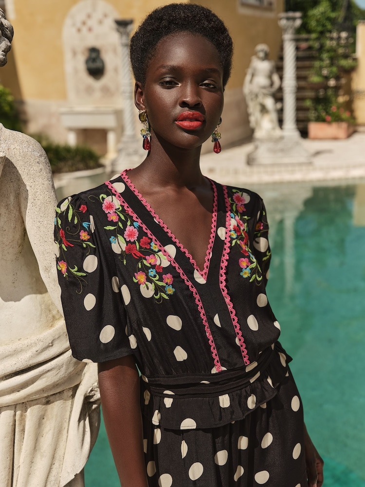 Love & Roses Black Spot Embroidered V-Neck Peplum Mini Dress - Image 2 of 4