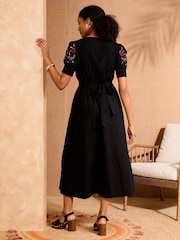 Love & Roses Black Dobby Embroidered V-Neck Short Sleeve Midi Dress - Image 4 of 4