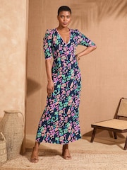 Love & Roses Navy Animal V-Neck Ruched Sleeve Midi Dress - Image 1 of 4