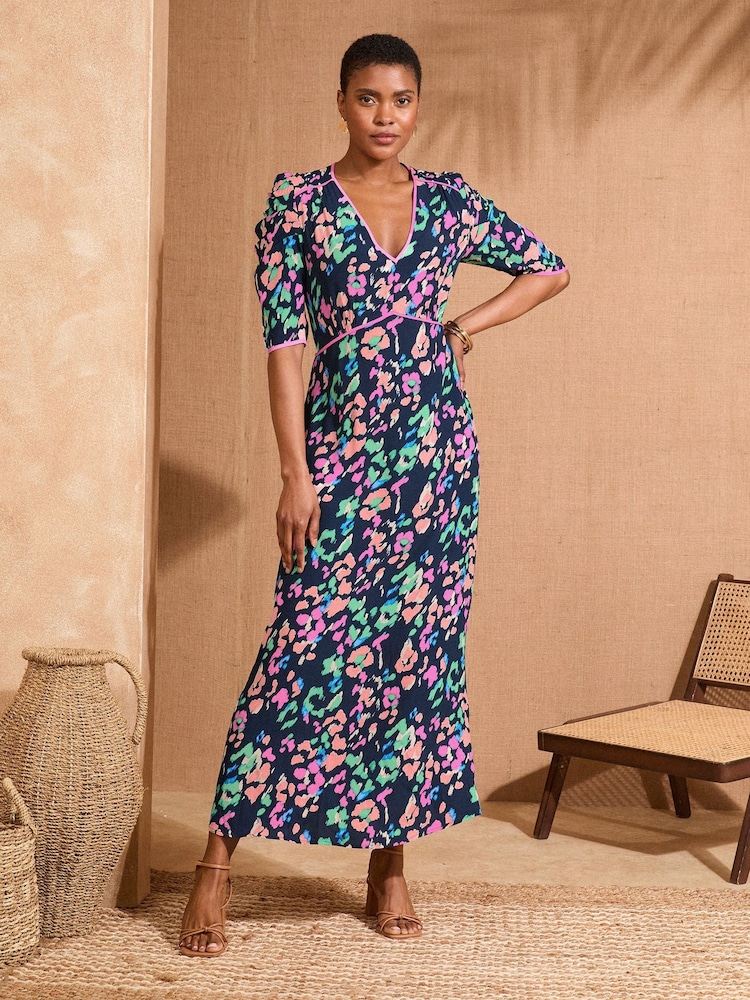 Love & Roses Navy Animal V-Neck Ruched Sleeve Midi Dress - Image 1 of 4
