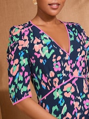 Love & Roses Navy Animal V-Neck Ruched Sleeve Midi Dress - Image 2 of 4