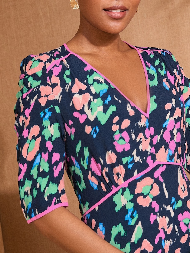 Love & Roses Navy Animal V-Neck Ruched Sleeve Midi Dress - Image 2 of 4 Love & Roses Navy Animal V-Neck Ruched Sleeve Midi Dress - Image 2 of 4