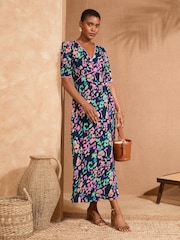 Love & Roses Navy Animal V-Neck Ruched Sleeve Midi Dress - Image 3 of 4