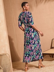 Love & Roses Navy Animal V-Neck Ruched Sleeve Midi Dress - Image 4 of 4