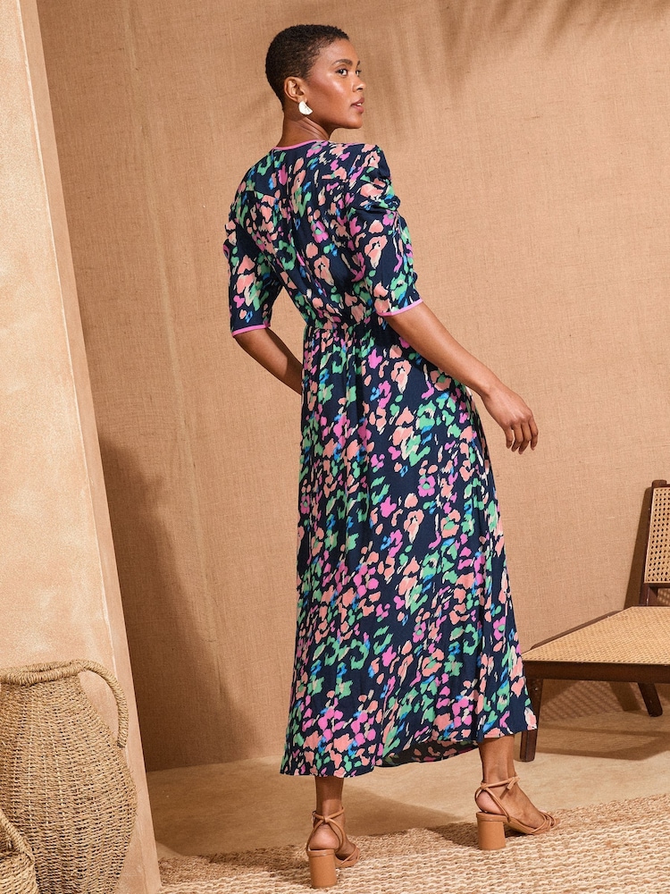 Love & Roses Navy Animal V-Neck Ruched Sleeve Midi Dress - Image 4 of 4