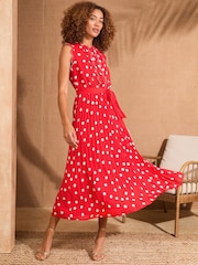 Love & Roses Red Spot Scallop Detail Pleated Midi Dress - Image 1 of 4