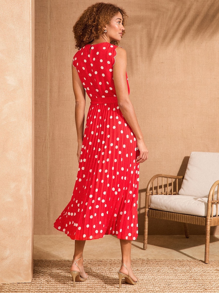 Love & Roses Red Spot Scallop Detail Pleated Midi Dress - Image 2 of 4