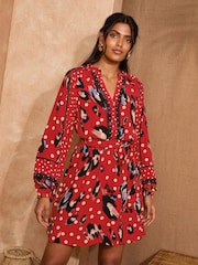 Love & Roses Red Animal Notch Neck Trim Mini Dress - Image 3 of 4