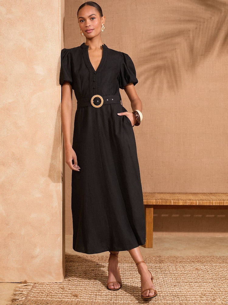 Love & Roses Black V-Neck Belted Puff Sleeve Midi Dress - Image 1 of 4