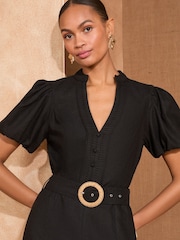 Love & Roses Black V-Neck Belted Puff Sleeve Midi Dress - Image 2 of 4