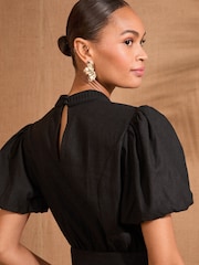 Love & Roses Black V-Neck Belted Puff Sleeve Midi Dress - Image 3 of 4