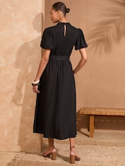Love & Roses Black V-Neck Belted Puff Sleeve Midi Dress - Image 4 of 4