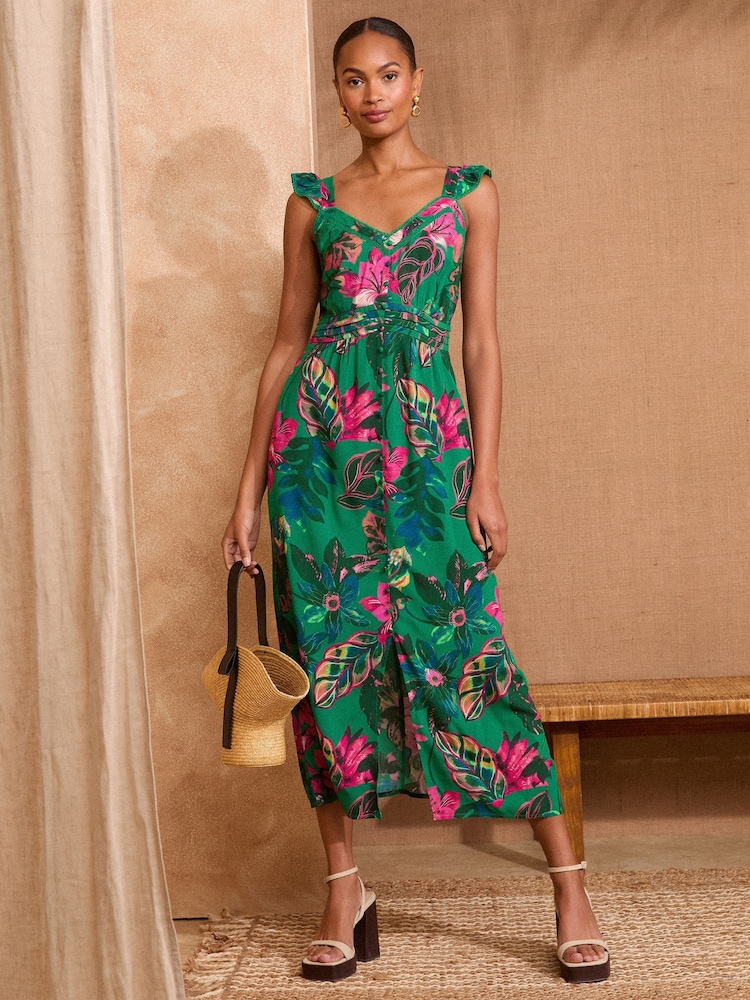 Love & Roses Green Palm Printed Midi Sundress - Image 1 of 4