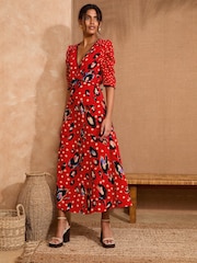 Love & Roses Red Animal V-Neck Ruched Sleeve Midi Dress - Image 1 of 4