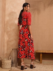 Love & Roses Red Animal V-Neck Ruched Sleeve Midi Dress - Image 3 of 4