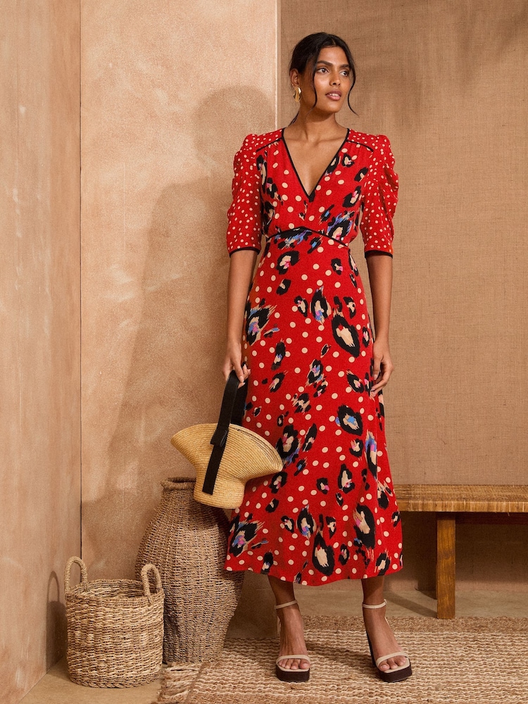 Love & Roses Red Animal V-Neck Ruched Sleeve Midi Dress - Image 4 of 4