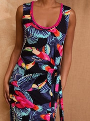 Love & Roses Tie Side Multi Bird Tropical Print Scoop Neck Jersey Midi Dress - Image 2 of 4