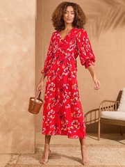 Love & Roses Red Floral Pleated Ruffle Midi Dress - Image 1 of 4