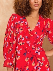 Love & Roses Red Floral Pleated Ruffle Midi Dress - Image 2 of 4