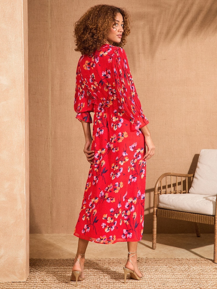 Love & Roses Red Floral Pleated Ruffle Midi Dress - Image 4 of 4