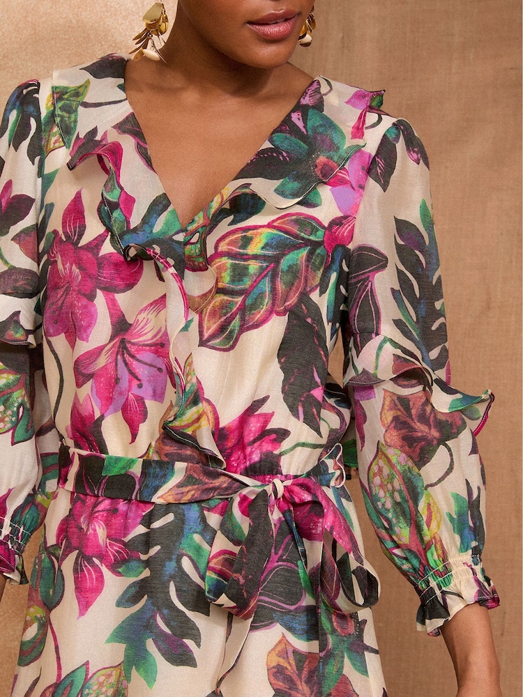 Love & Roses Ivory Floral Mini Print Ruffle Wrap Dress - Image 2 of 4