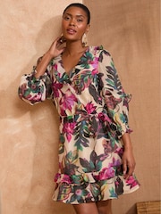 Love & Roses Ivory Floral Mini Print Ruffle Wrap Dress - Image 3 of 4