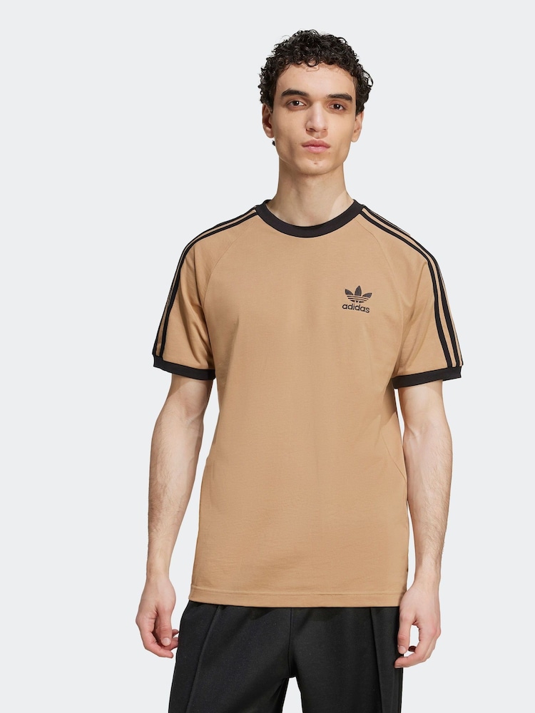 adidas Brown Adicolor Classics 3-Stripes 100% Cotton T-Shirt - Image 1 of 6